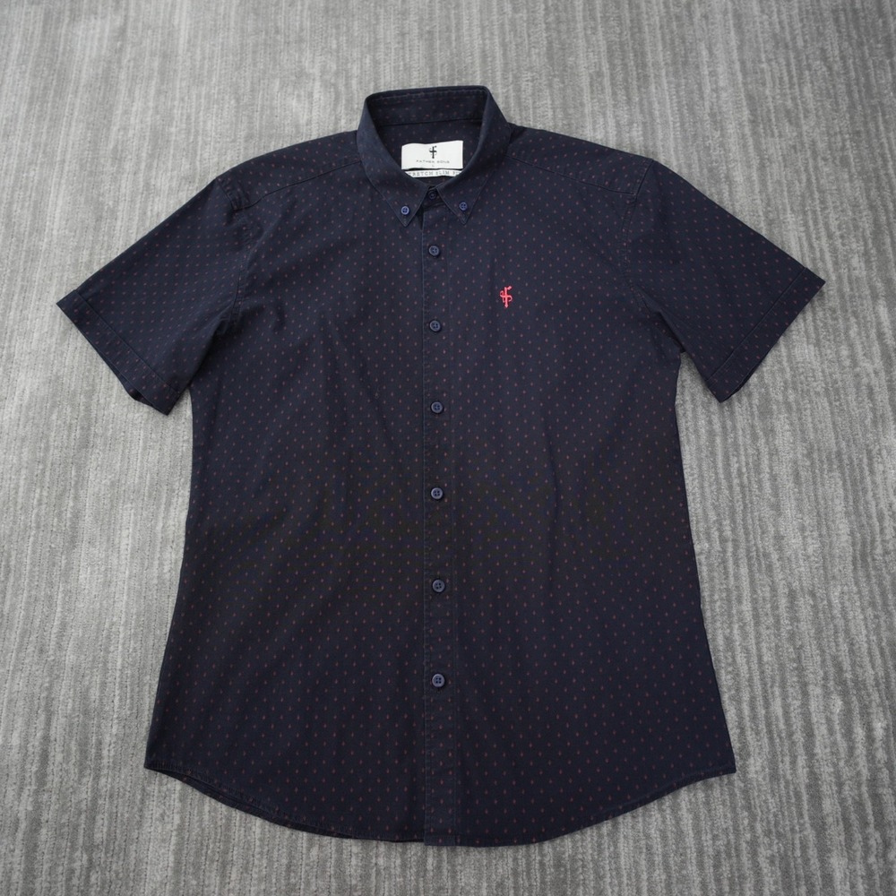 Father Sons Shirt Men Button Down Navy‎ Blue Short Sleeve Stretch Slim Fit Large